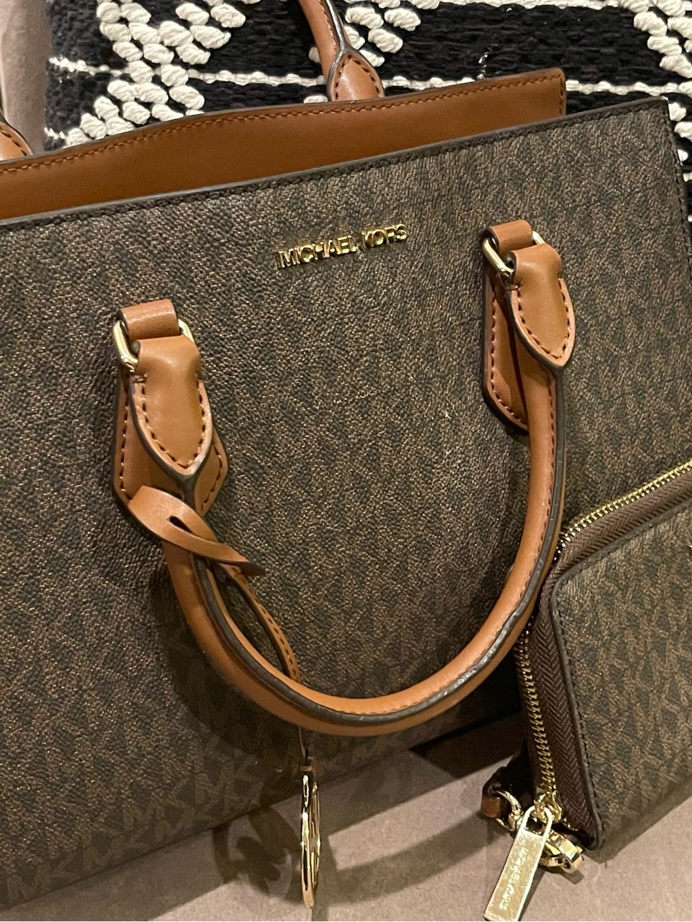 Michael Kors Brown Logo-Print Tote with Tan Trim